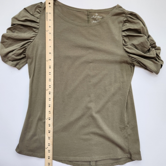 Elegant Tees Top Olive Green Ruched Sleeves Short Sleeve Scoop Neck Large - Picture 10 of 12